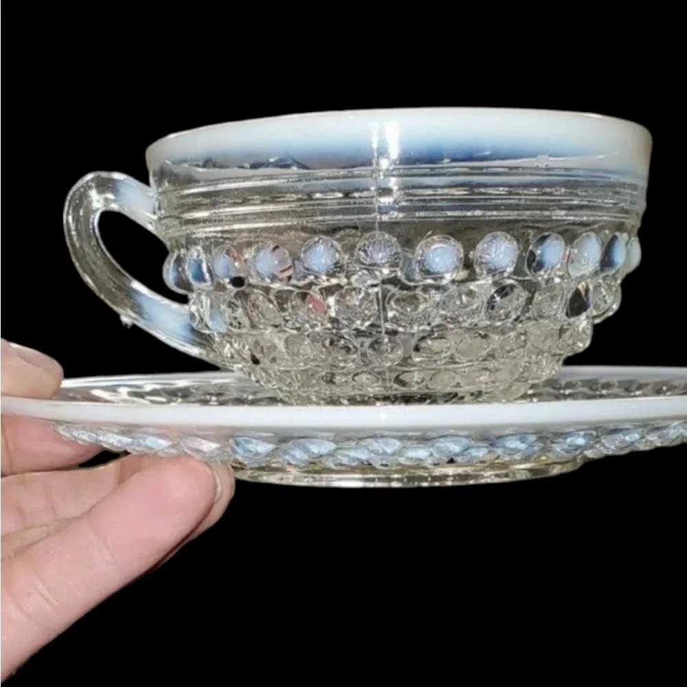 Vintage Moonstone Opalescent Cup & Plate Milk Glass Avcents